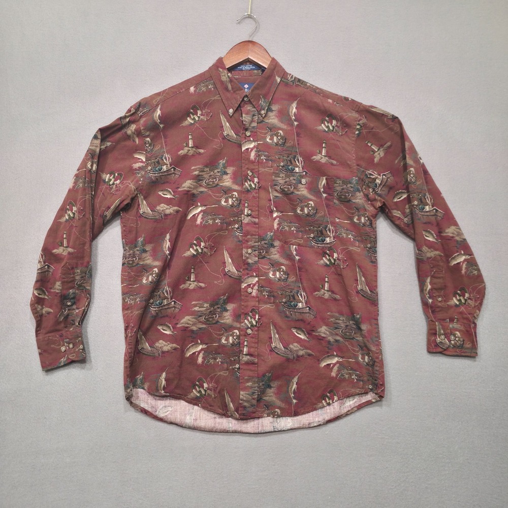 Bill Blass Men's Red Long Sleeve Button Up Fishing Theme Shirt Size Medium